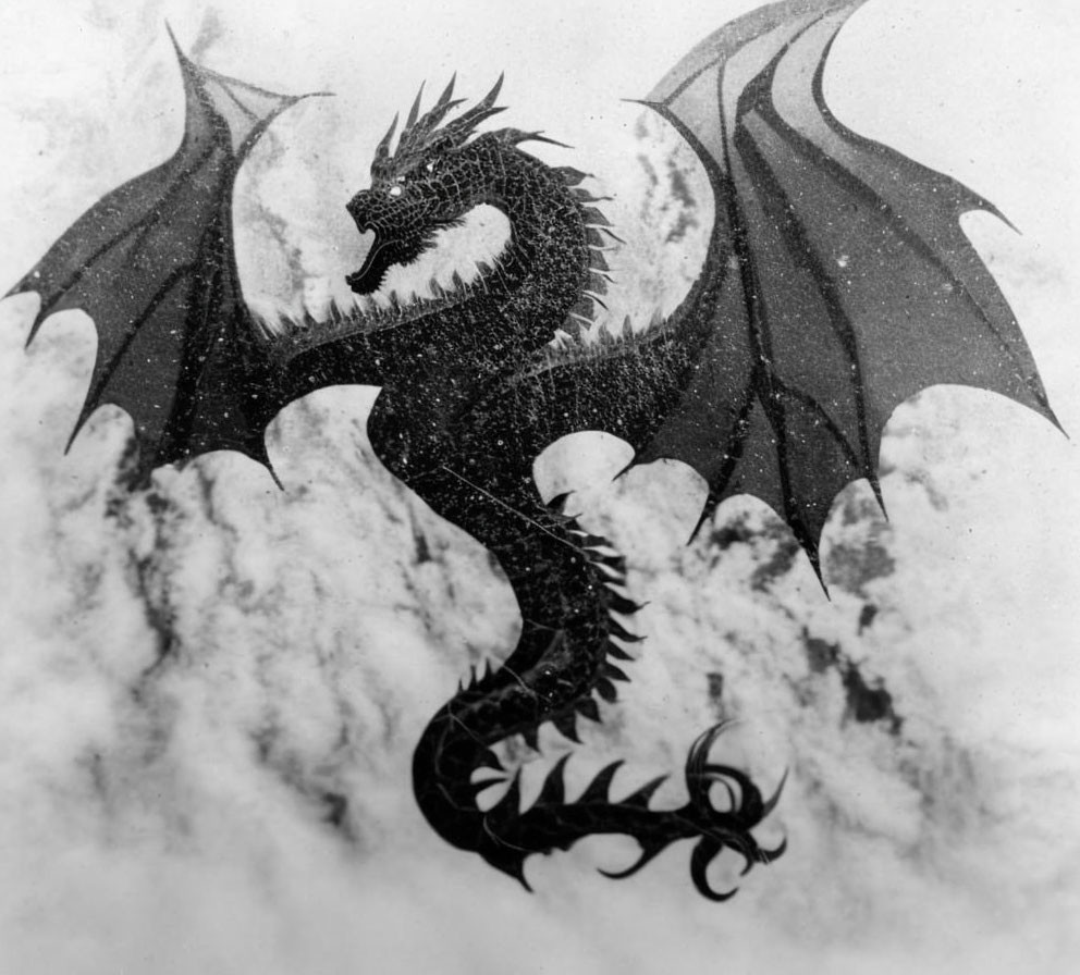 Detailed Monochrome Dragon Emerging from Clouds