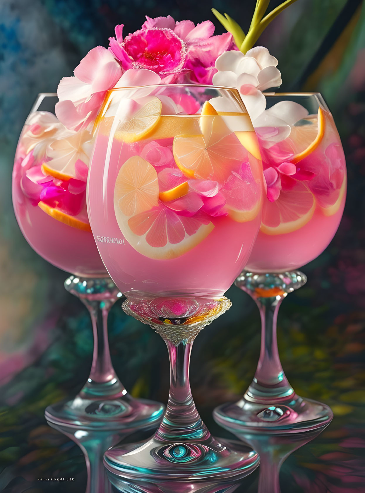 Pink cocktail glasses with lemon slices and flowers on reflective surface