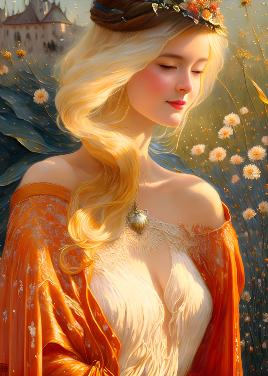 Golden-haired woman in orange dress with floral headband, dandelion seeds, and castle backdrop illustration