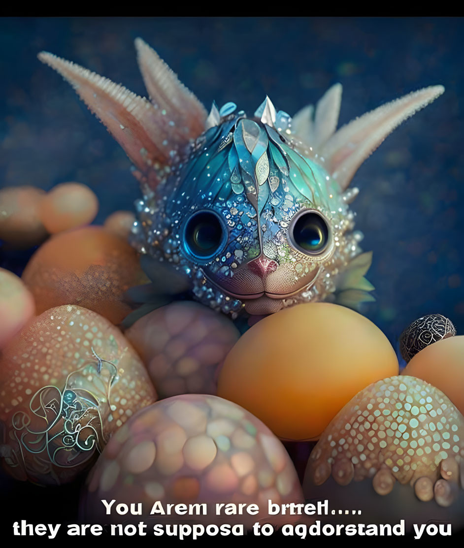 Sparkling jeweled creature with large eyes among decorative eggs symbolizes rarity