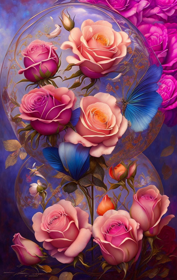 Colorful digital artwork: Roses in bubbles with blue butterfly on purple floral background