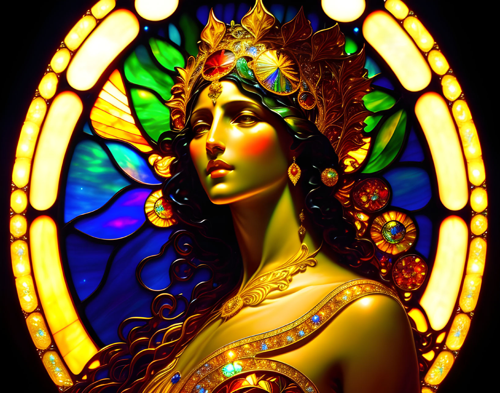 Colorful artwork of woman with intricate headdress on luminous stained-glass background