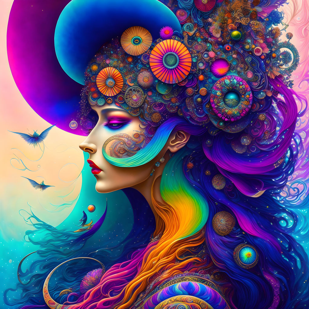 Vibrant psychedelic illustration of a woman with celestial motifs