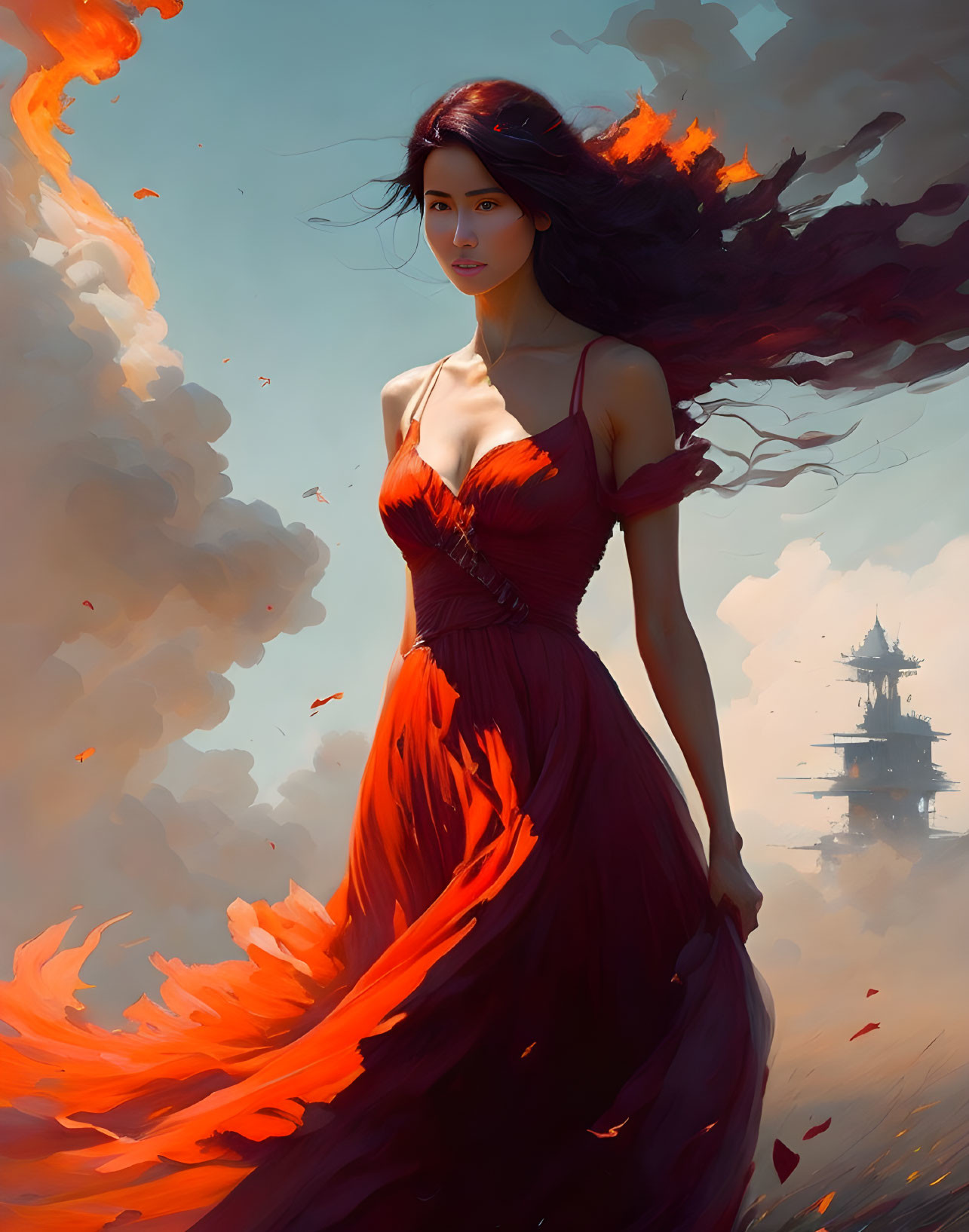 Woman in flowing red dress with billowing hair in dreamy cloud backdrop