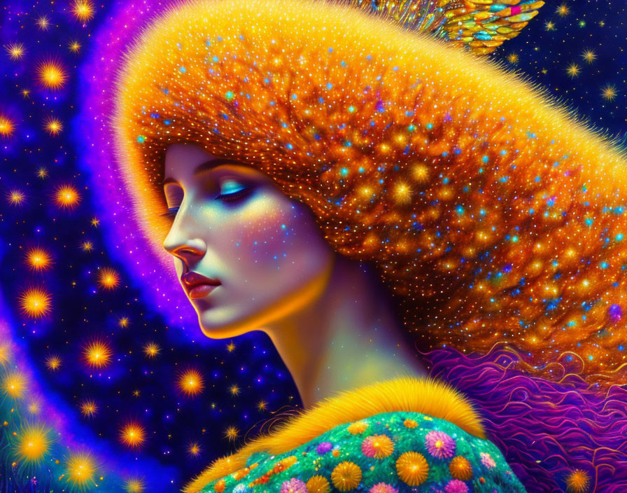 Digital artwork featuring woman with cosmic hair and butterfly among stars