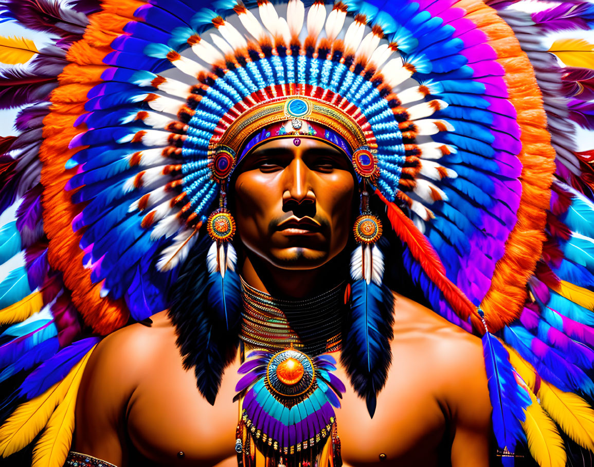 Colorful digital artwork featuring person in Native American headdress