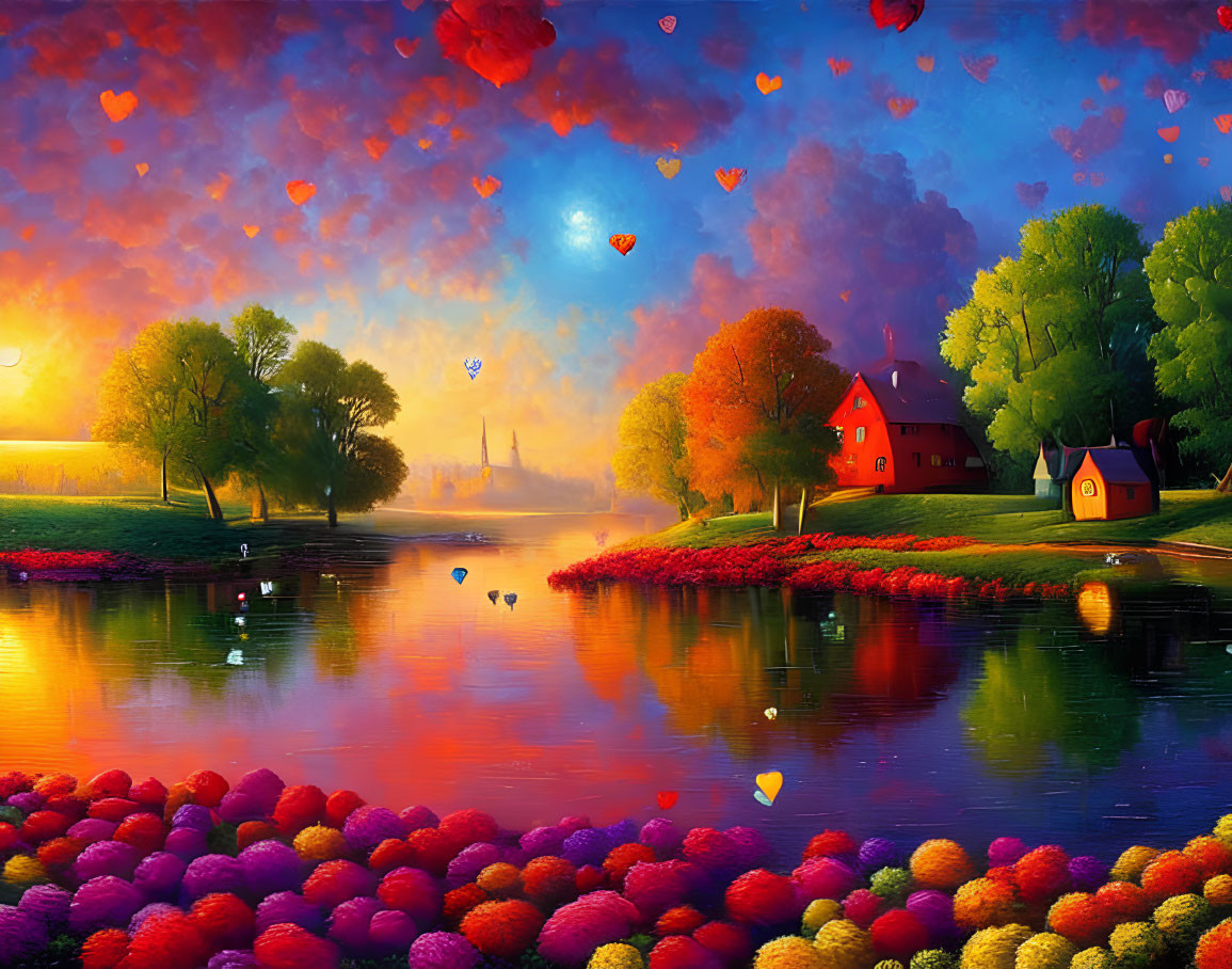 Colorful Landscape with Flowers, Balloons, River, and Houses at Sunset