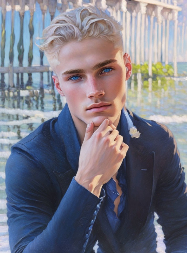 Young man with platinum blond hair and blue eyes in digital painting against classical architecture and fountain.