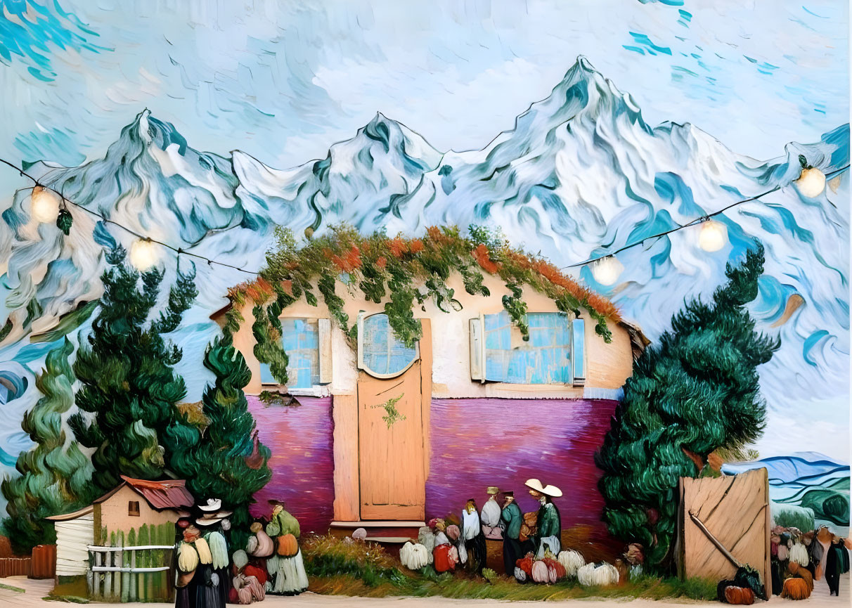 Colorful painting of people gathering outside house-shaped structure with trees, mountains, and blue sky.