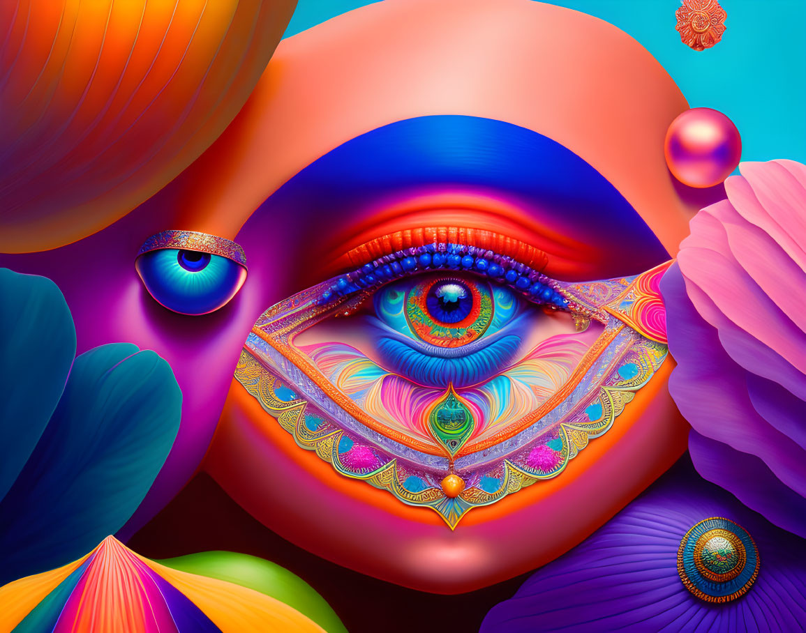 Colorful Digital Artwork of Ornate Eye with Abstract Petal Shapes