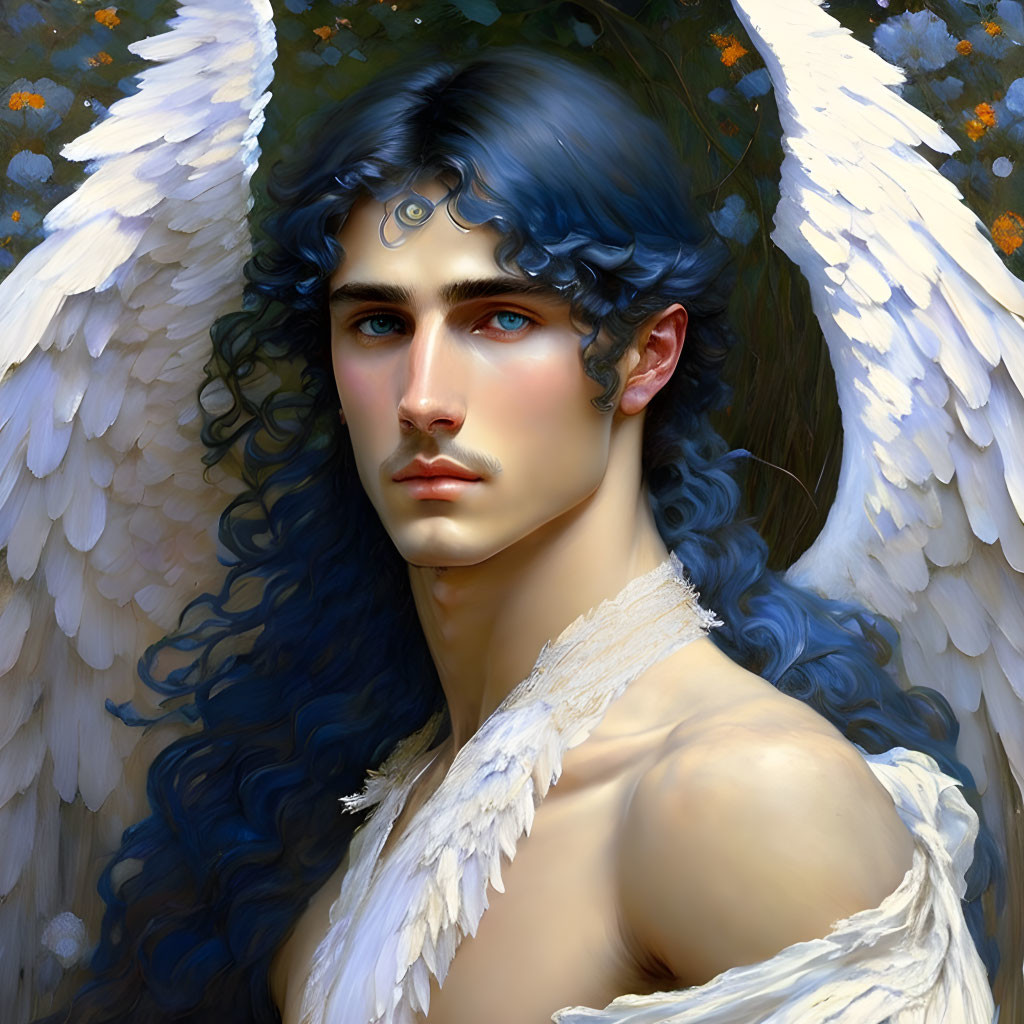Male figure with blue hair and angel wings in floral setting