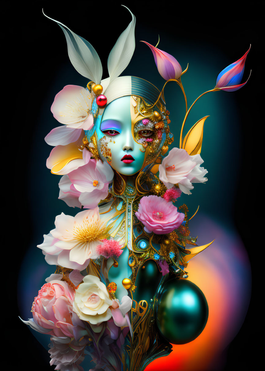 Colorful digital artwork featuring stylized female figure with floral, feather, and golden jewelry details on dark