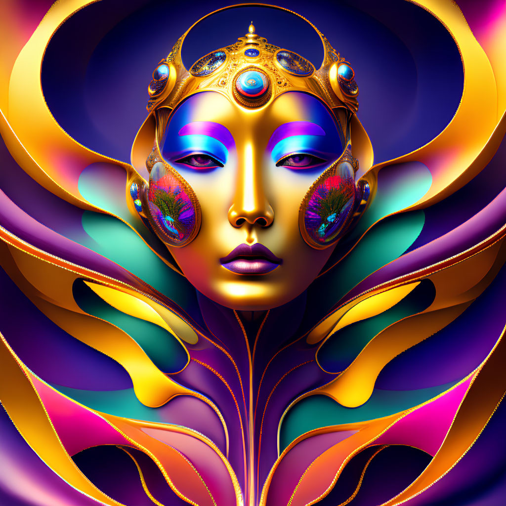 Colorful digital artwork: Face with golden headgear and peacock feathers on petal-like background