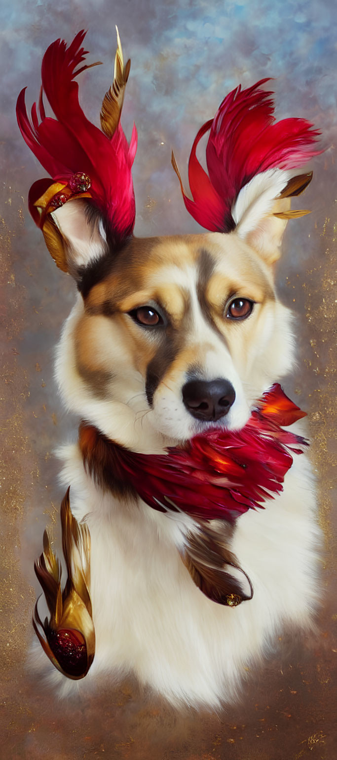 Digital painting of noble Corgi dog with red feathers and golden jewelry on brown background