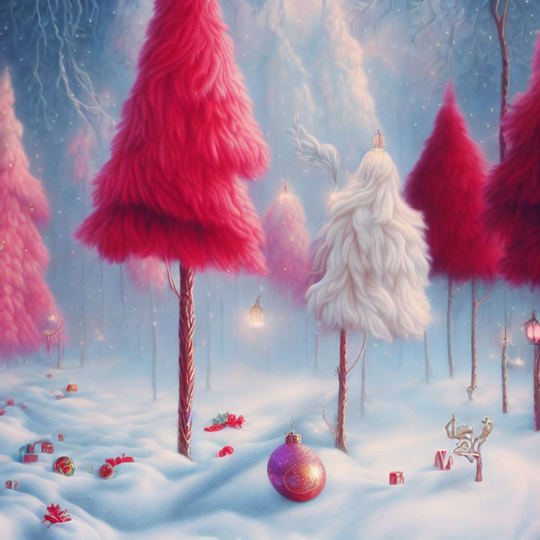 Whimsical winter landscape with pink trees and snowy character blending in.