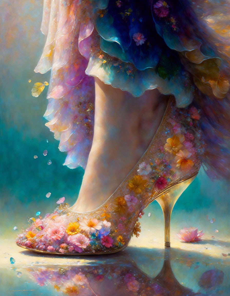 Whimsical artwork: Woman's foot in floral high heel with vibrant flowers cascading into flowing dress