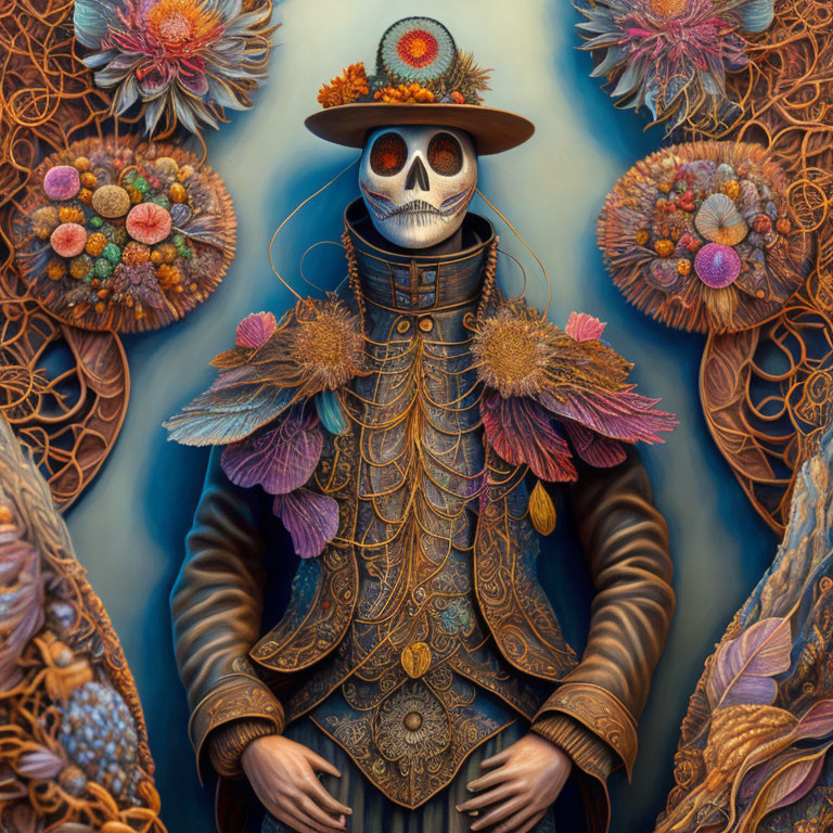 Skeleton Figure in Ornate Vintage Clothing Surrounded by Vibrant Floral Arrangements