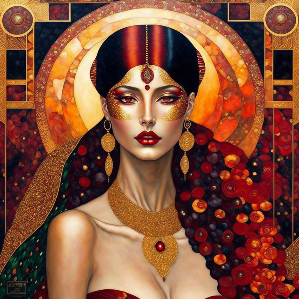 Stylized portrait of a woman with gold and red tones, intricate patterns, and jewelry.