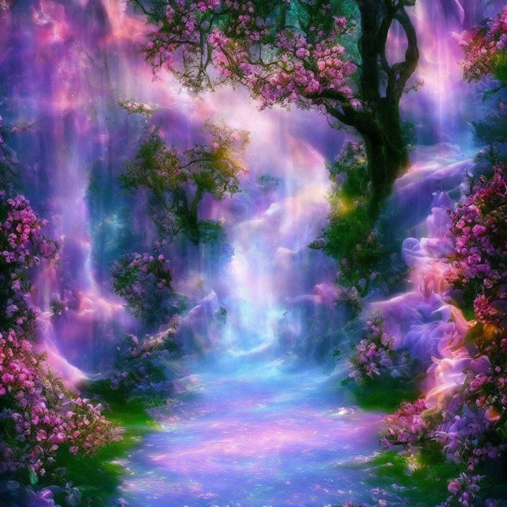 Enchanting Fantasy Forest with Pink Blossoms and Glowing Lights