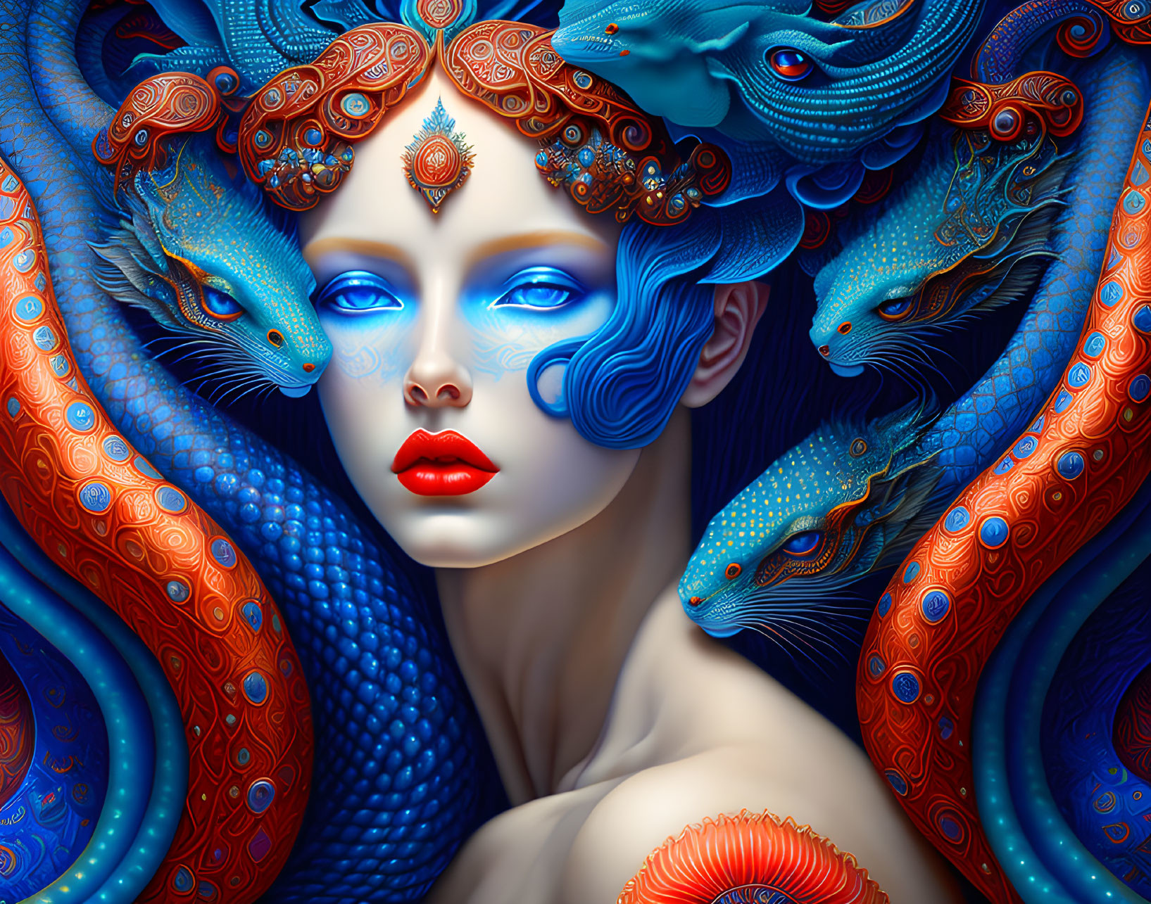 Fantastical Artwork: Pale Woman with Blue Hair and Serpents