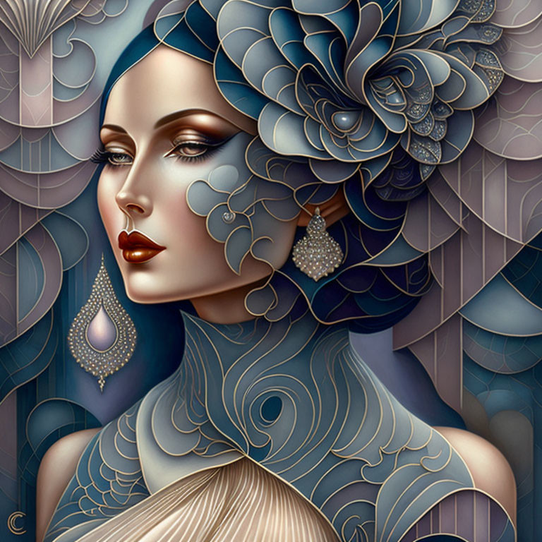 Illustrated portrait of woman with stylized features and intricate blue patterns.