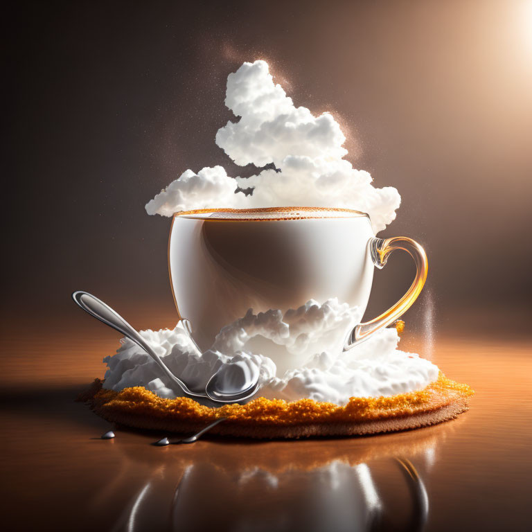 Coffee Cup with Cloud-Shaped Steam, Spoon, Cream on Cookie Base