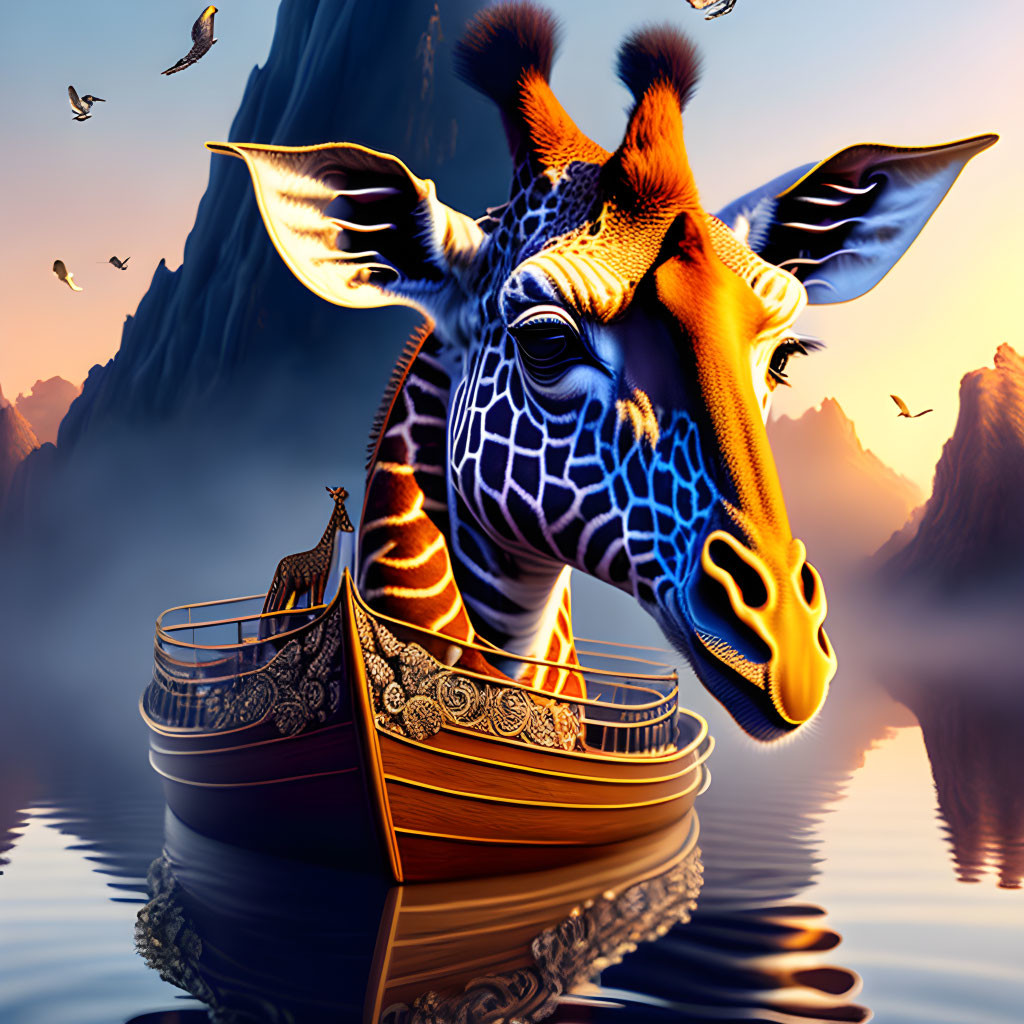 Surreal giraffe with blue patterned neck in boat on calm water