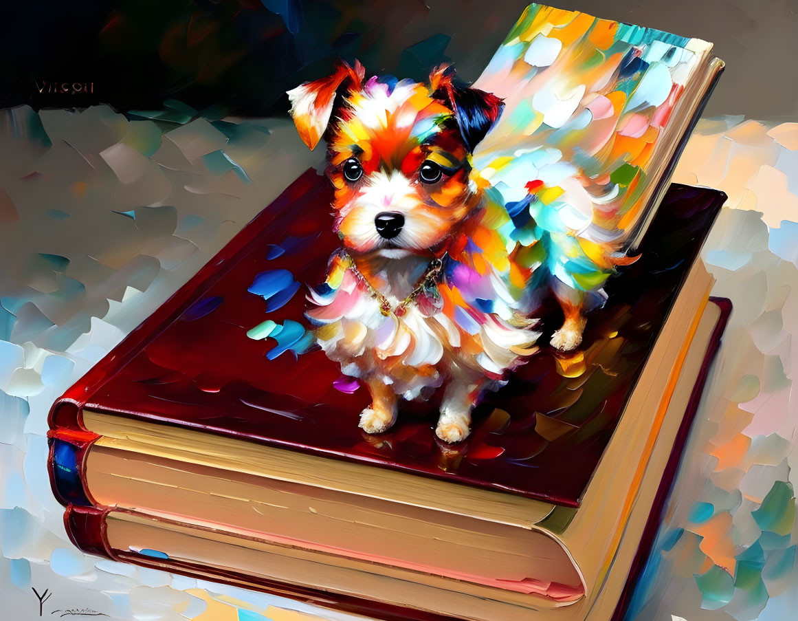 Colorful Painting of Fluffy Dog on Books with Textured Background