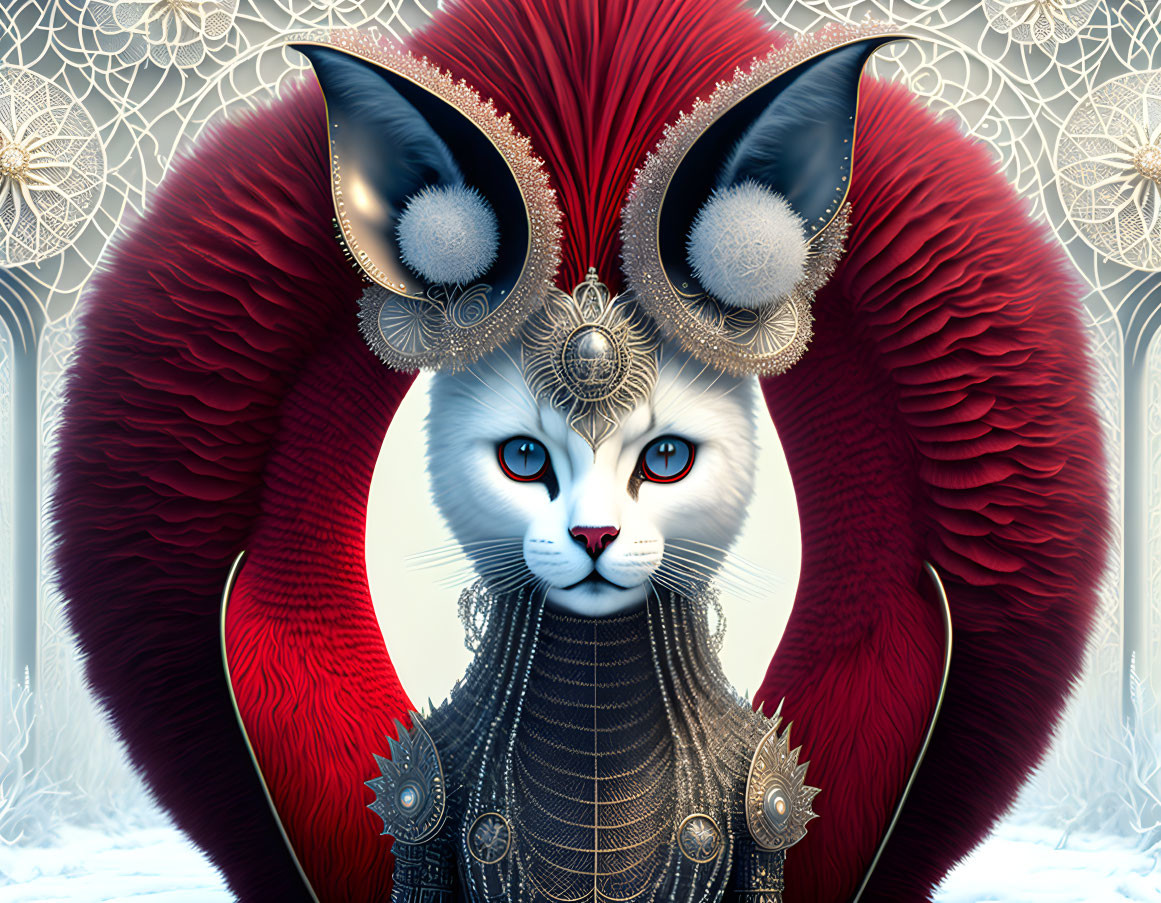 Regal cat with golden patterns and red feathers in lavish ruff