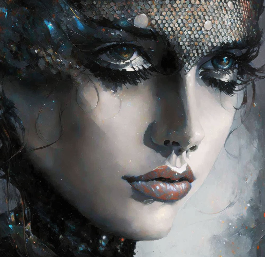Close-up Digital Painting of Woman with Sparkling Skin and Blue Eyes