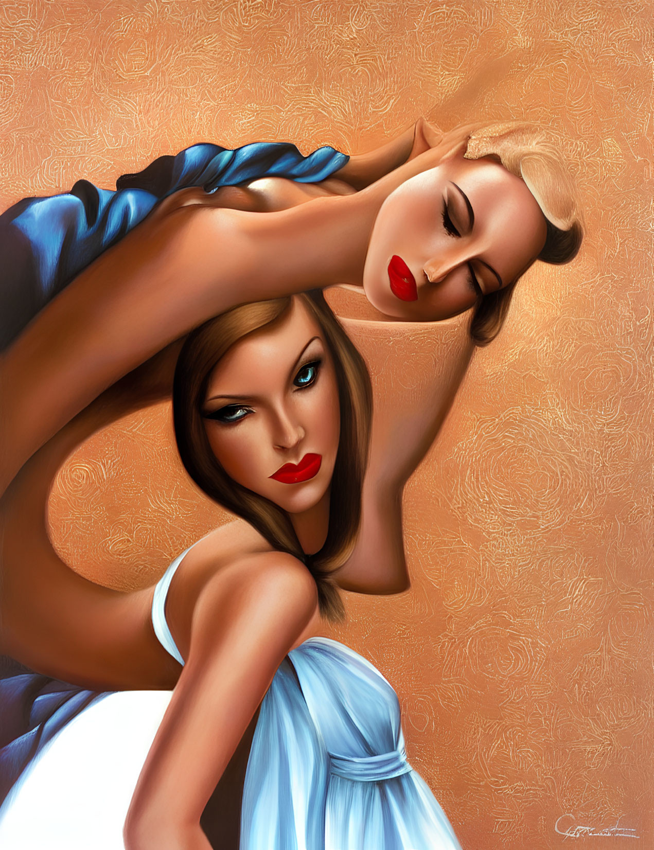 Illustration of two women with red lips and expressive eyes on orange background