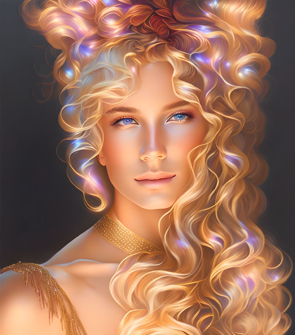 Digital portrait: Woman with blue eyes, curly golden hair, rainbow highlights, gold choker