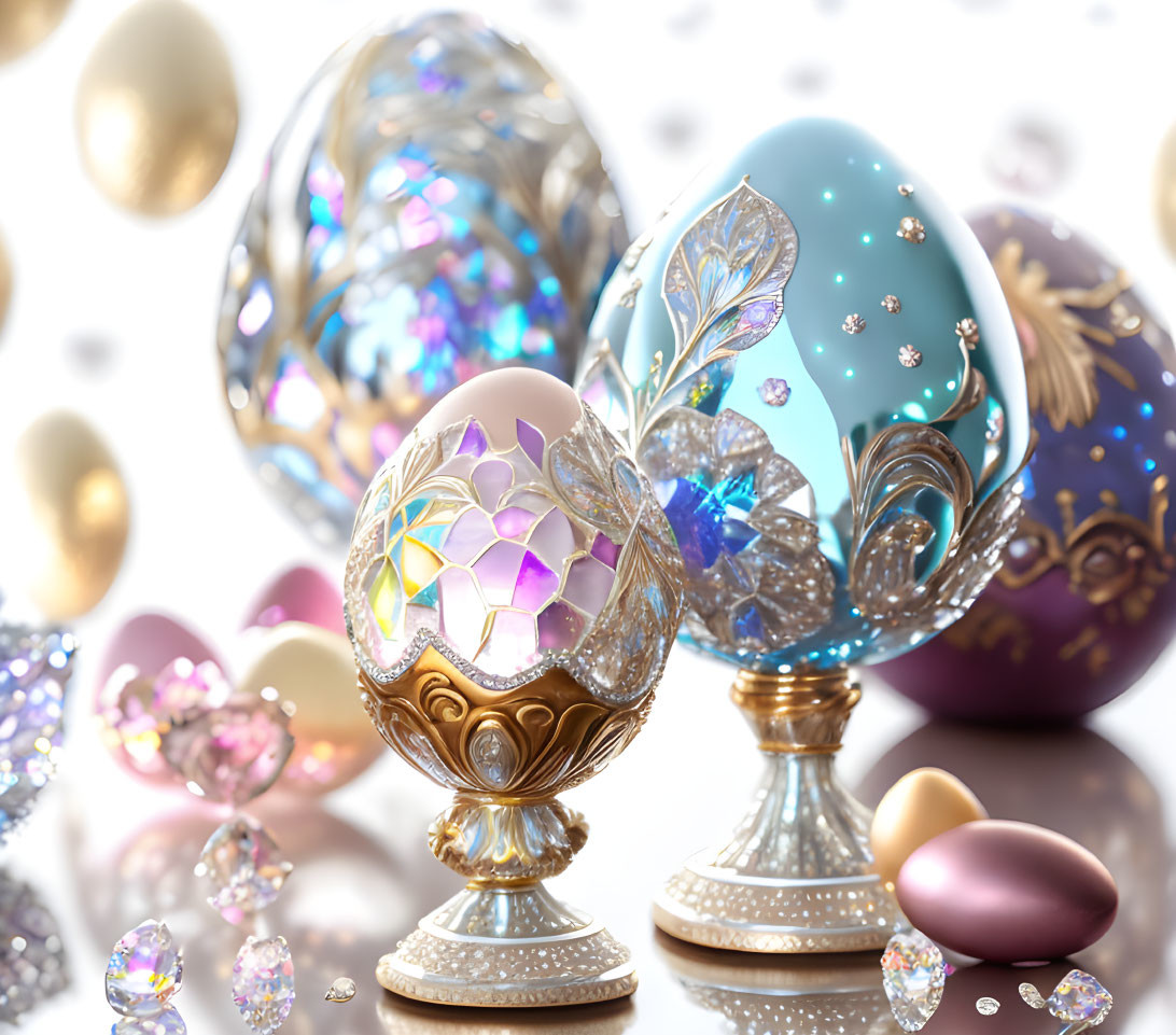 Exquisite gemstone-adorned decorative eggs on reflective surface