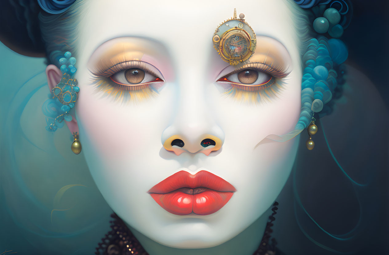 Digital portrait of woman with oversized eyes, red lips, blue earrings, and mechanical eye-piece