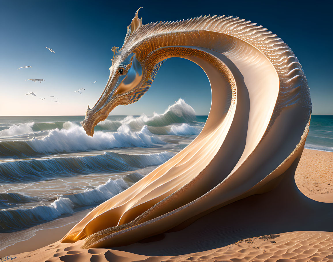 Seahorse blending with ocean waves on sandy beach