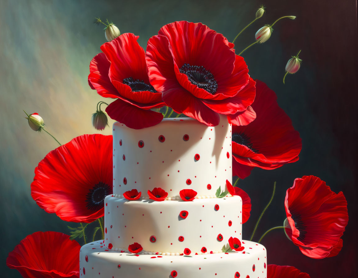 Elegant Three-Tiered White Cake with Red Poppies on Dark Background