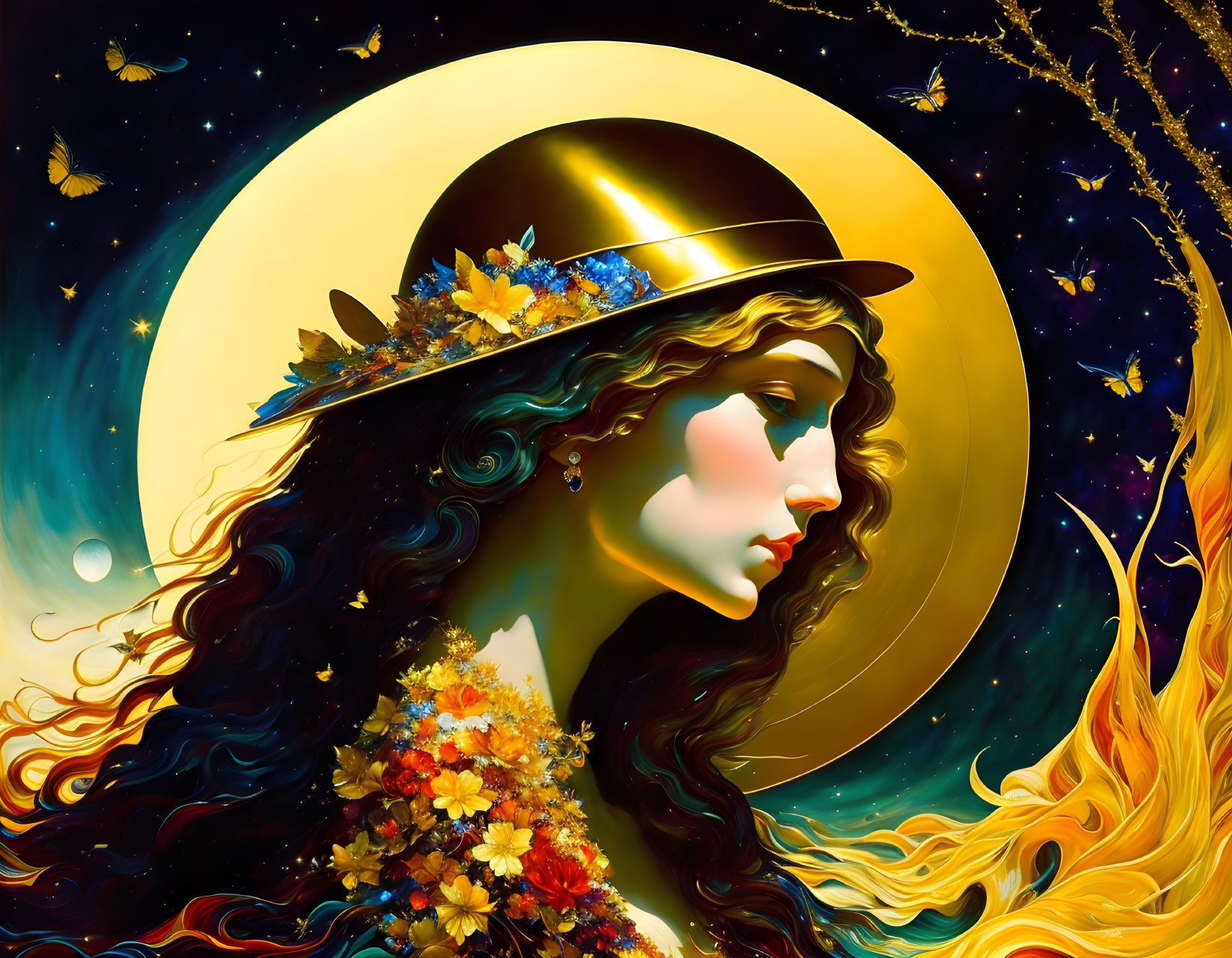 Stylized portrait of woman with flowing hair and floral hat against cosmic backdrop