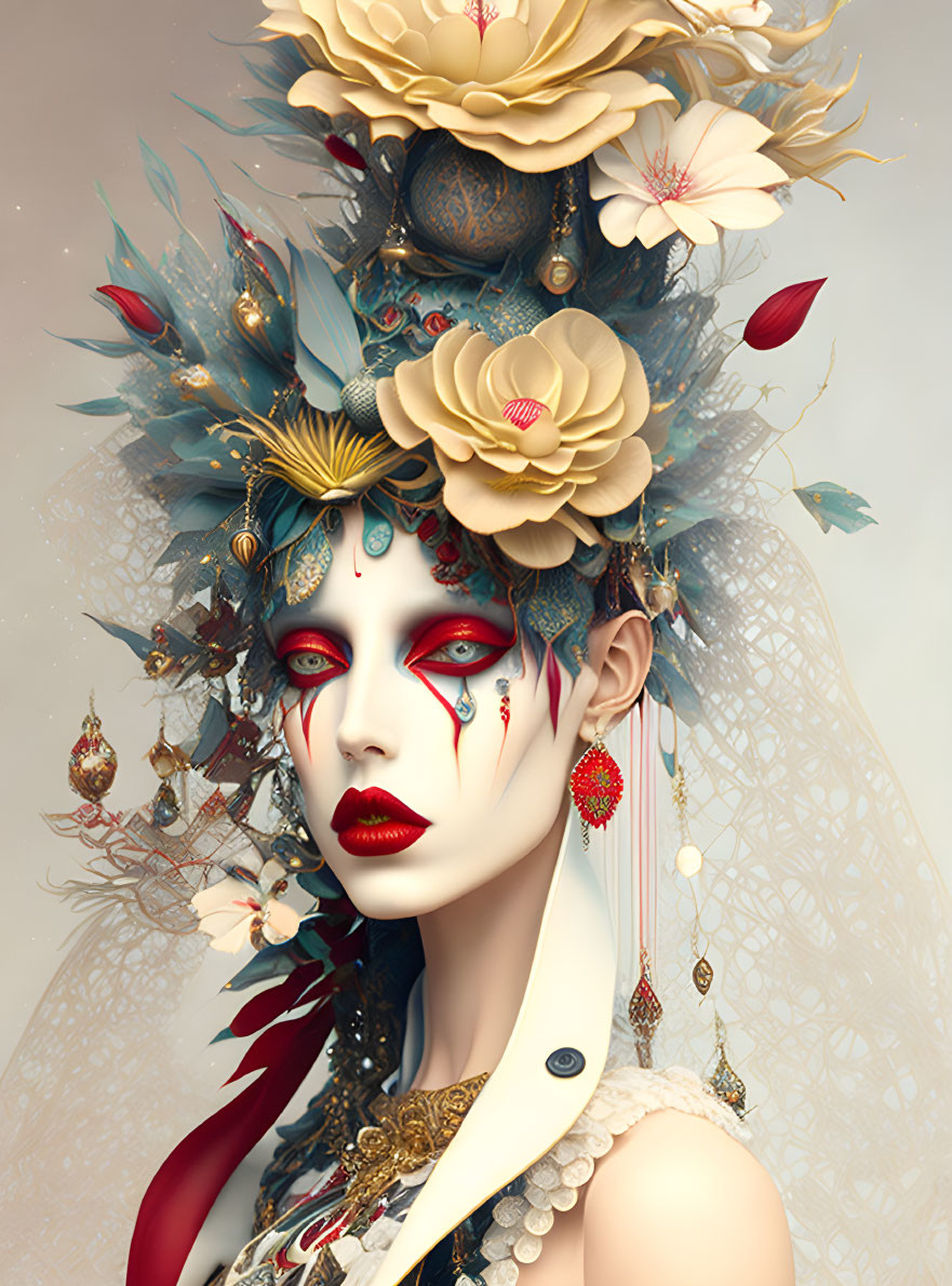 Stylized portrait of figure with decorative headdress and intricate makeup