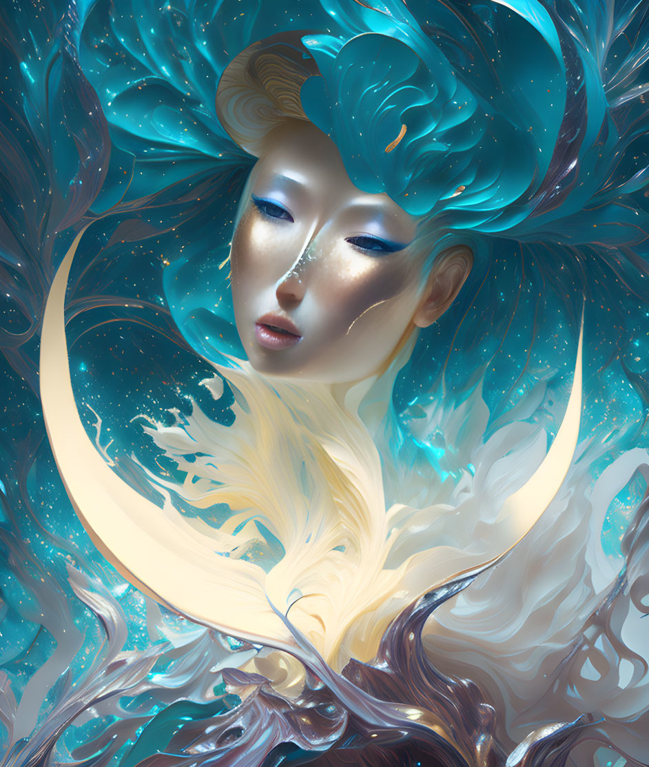 Ethereal figure with pale skin and blue lips in celestial setting.