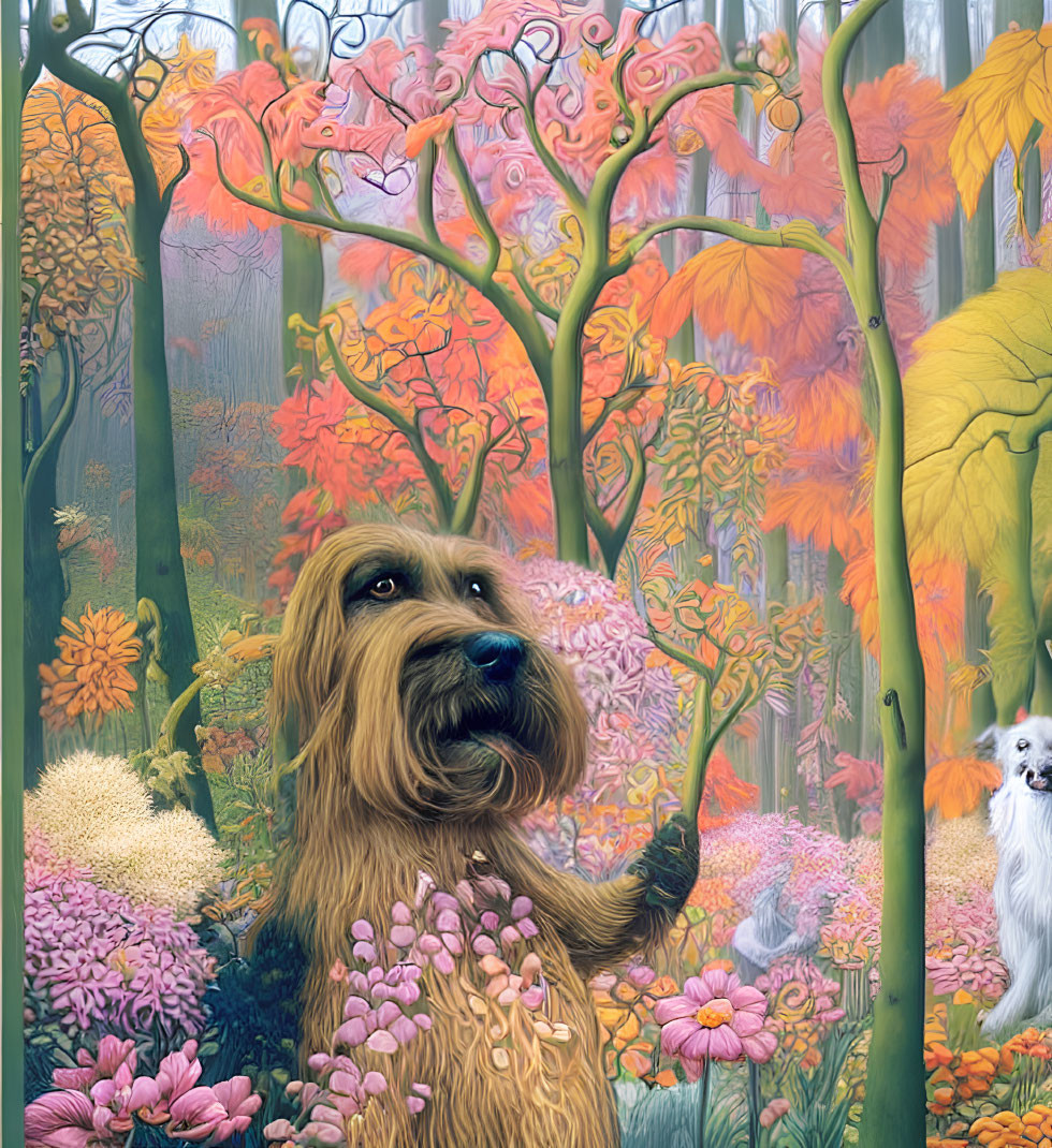 Colorful Forest Scene with Large Fluffy Dog