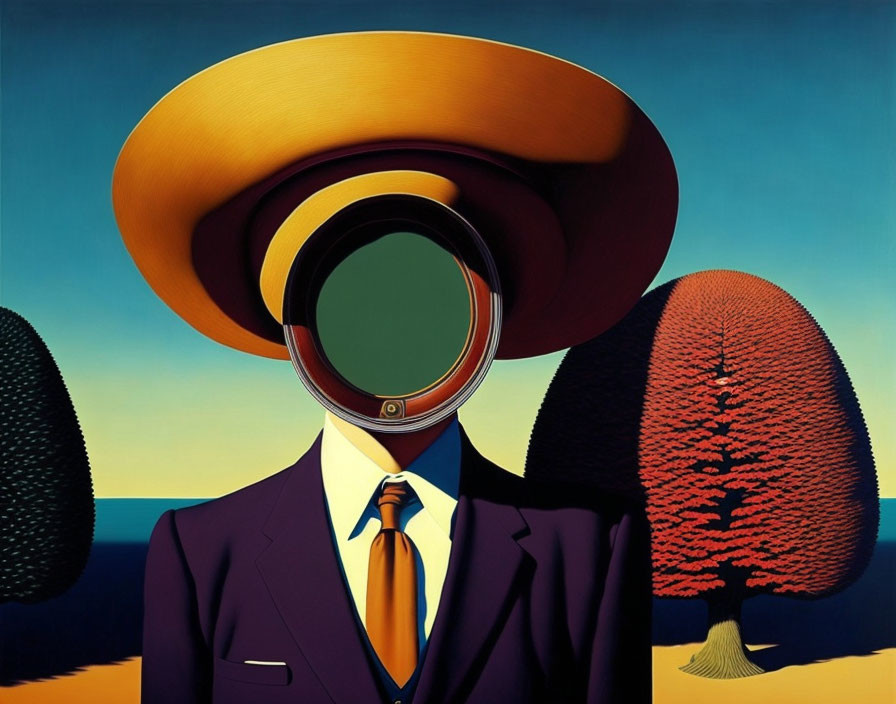 Surrealist painting: man in suit with apple face
