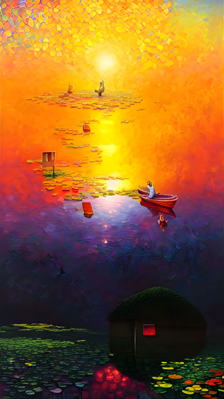 Artwork: Person in Boat on Tranquil Water with Floating Books, Submerged House, and L