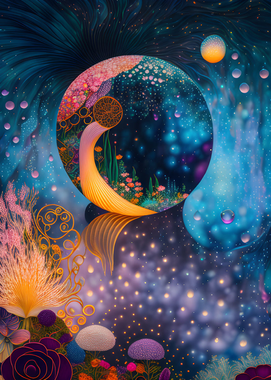 Colorful digital artwork: Underwater scene with moon portal, stylized plants, and floating orbs
