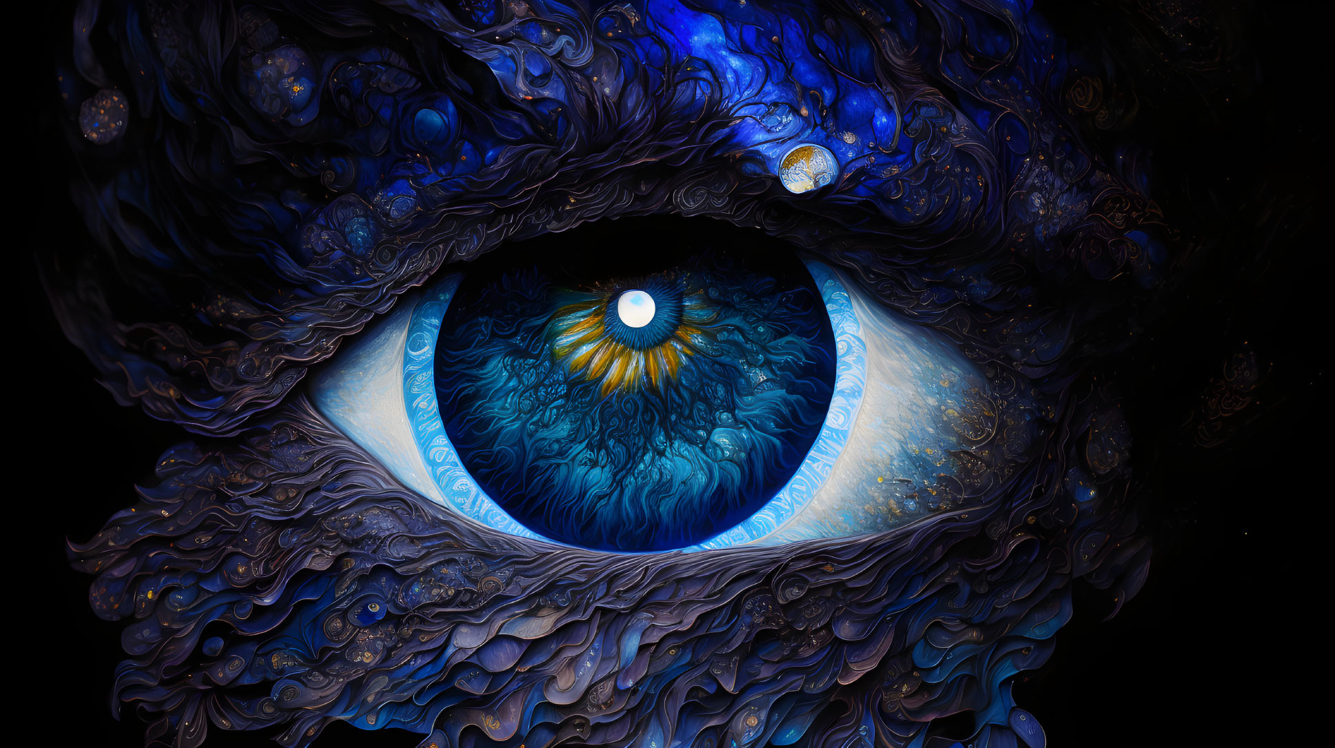 Detailed Eye Illustration with Swirling Blue and Black Cosmic Patterns