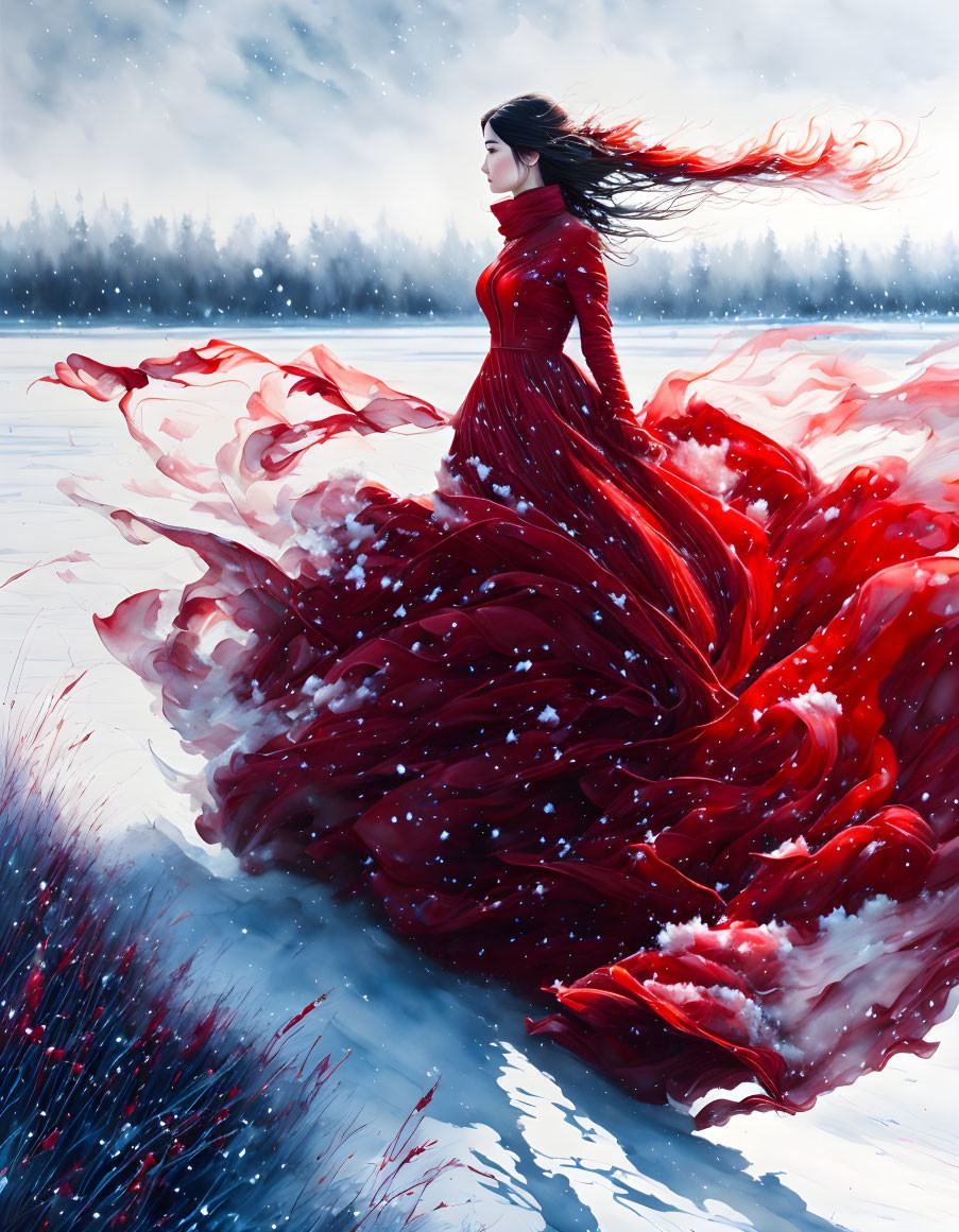 Woman in Red Dress Standing in Snowy Landscape