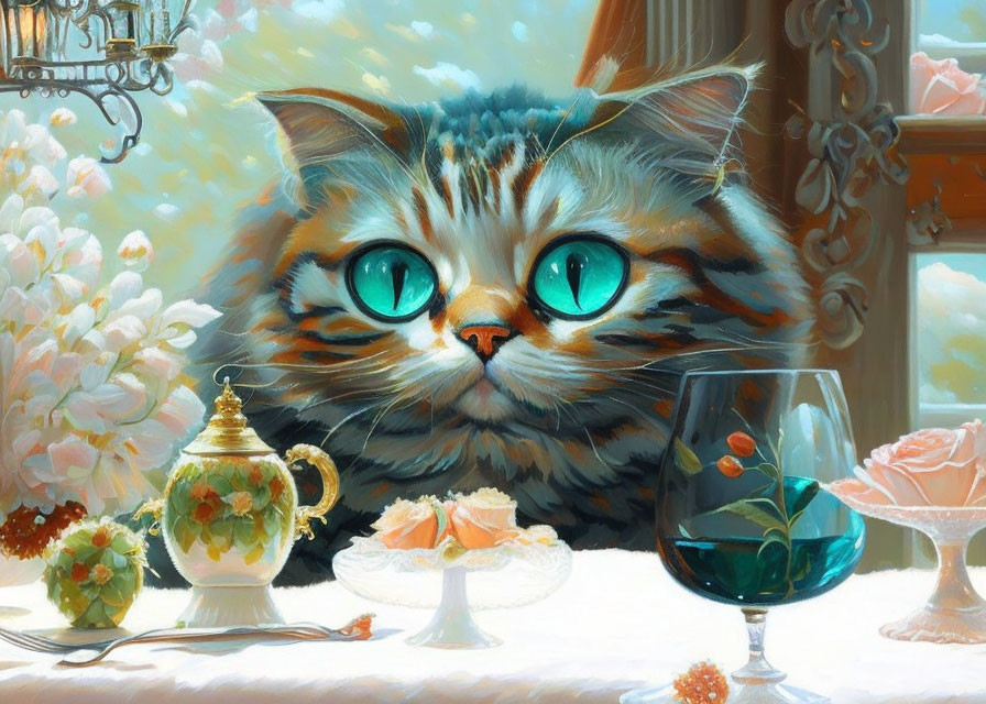 Fluffy Cat with Green Eyes at Decadent Table with Teapot and Wine