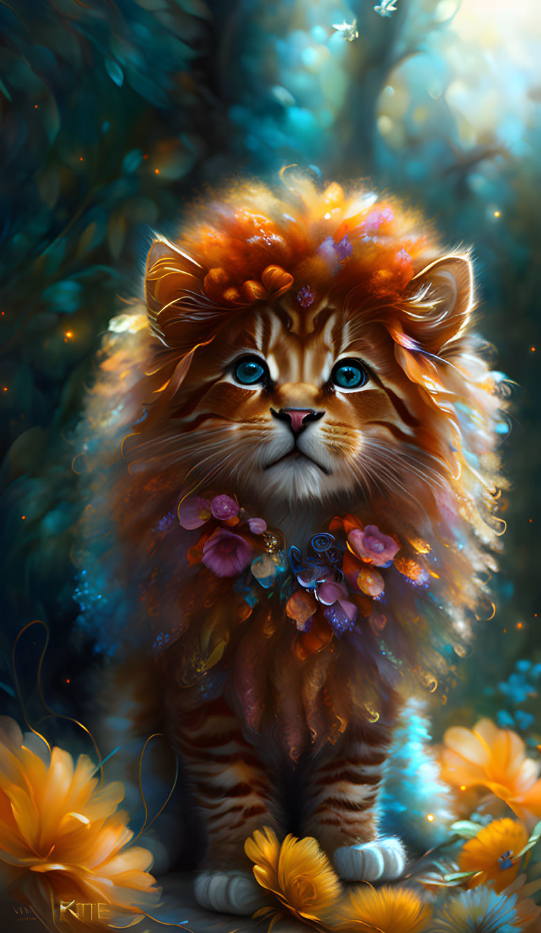 Whimsical illustration of adorable kitten with fiery mane in magical forest