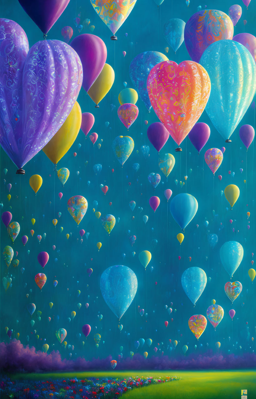Vibrant heart-shaped balloons with intricate patterns on blue background.