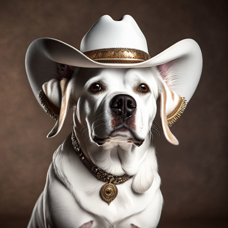White Dog Wearing Cowboy Hat and Neck Accessory on Brown Background