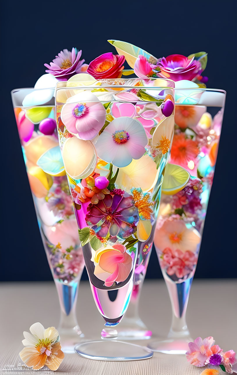 Colorful Flowers in Elegant Overflowing Glasses on Blue Background